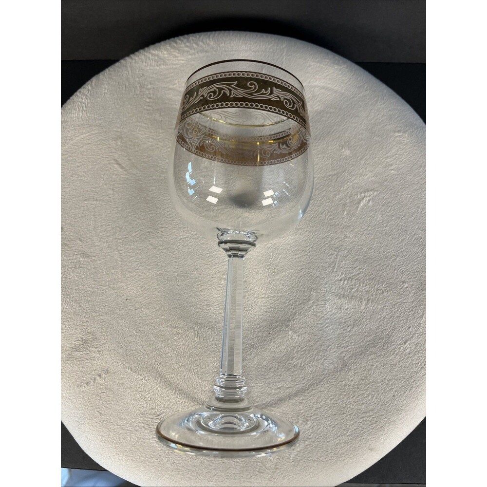 Vintage Stolzle Crystal Wine Goblet Glasses Gold Trim and White Band, Set of 8 - Picture 4 of 12